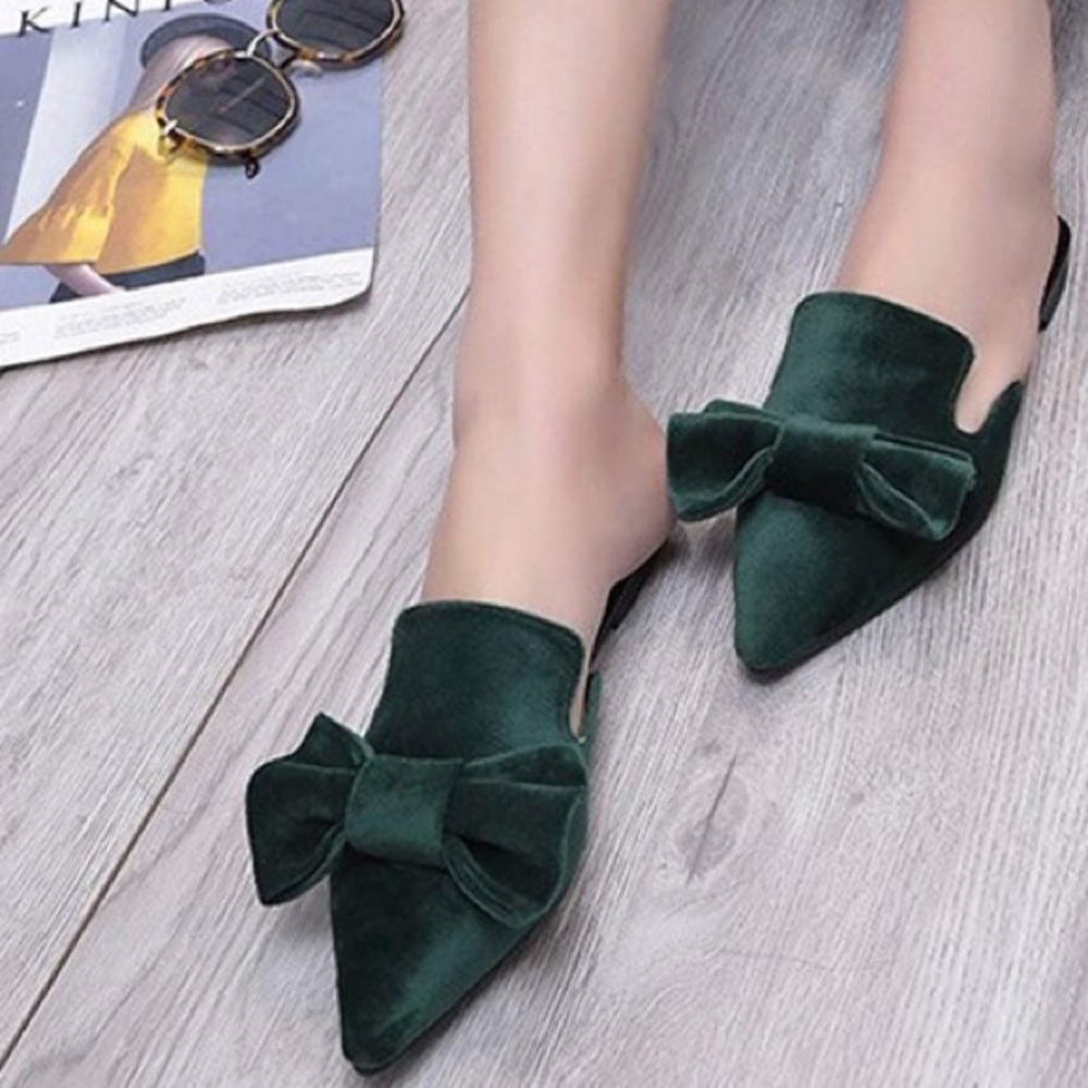 POINTY MULE VELVET GREEN BOW WOMANS FLAT SHOE *NWT - Picture 1 of 6